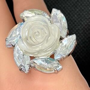Old Hollywood Glamour Frosted Rose & Crystal Statement Cocktail Ring